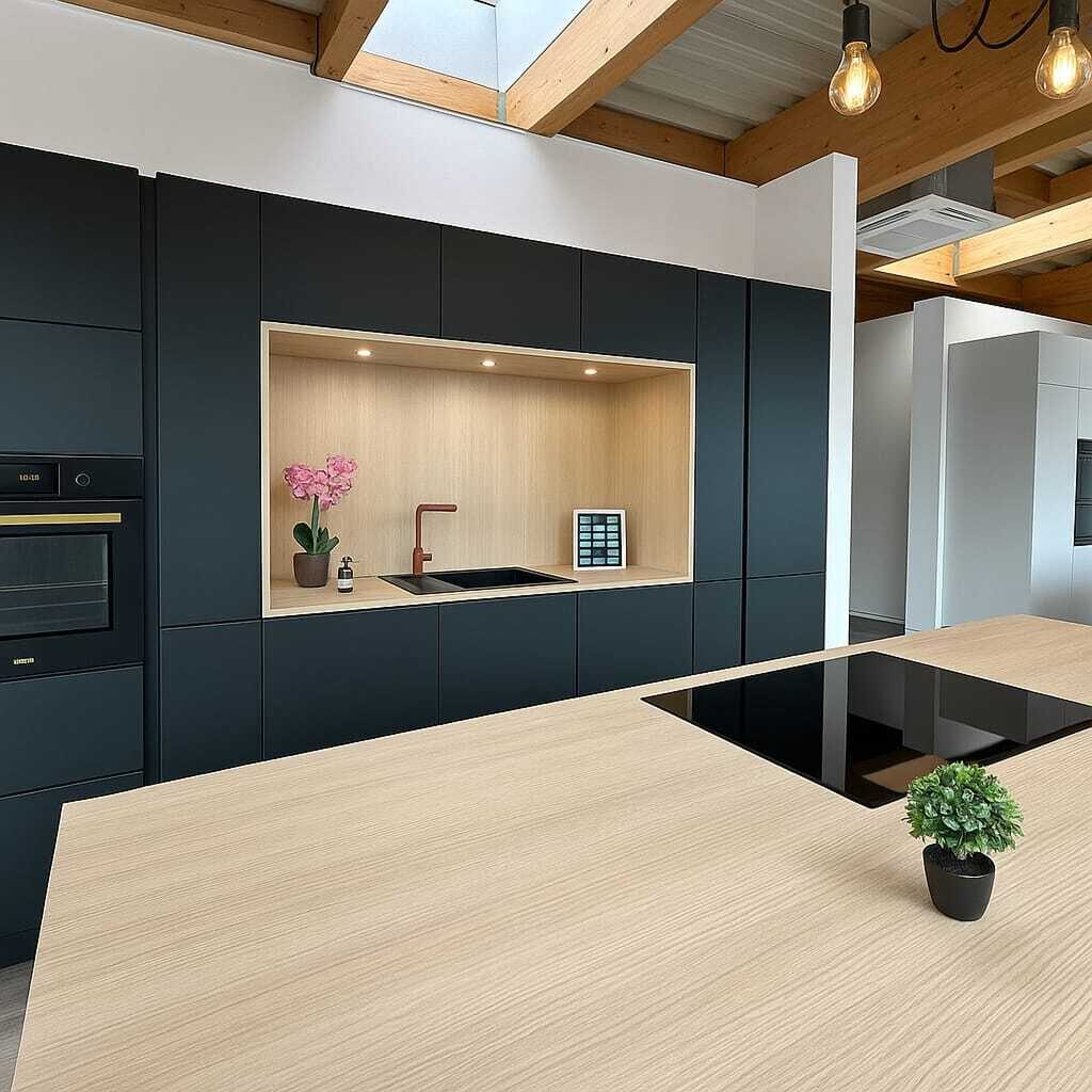 Îlot central bois clair avec table de cuisson encastrée et façades anthracite